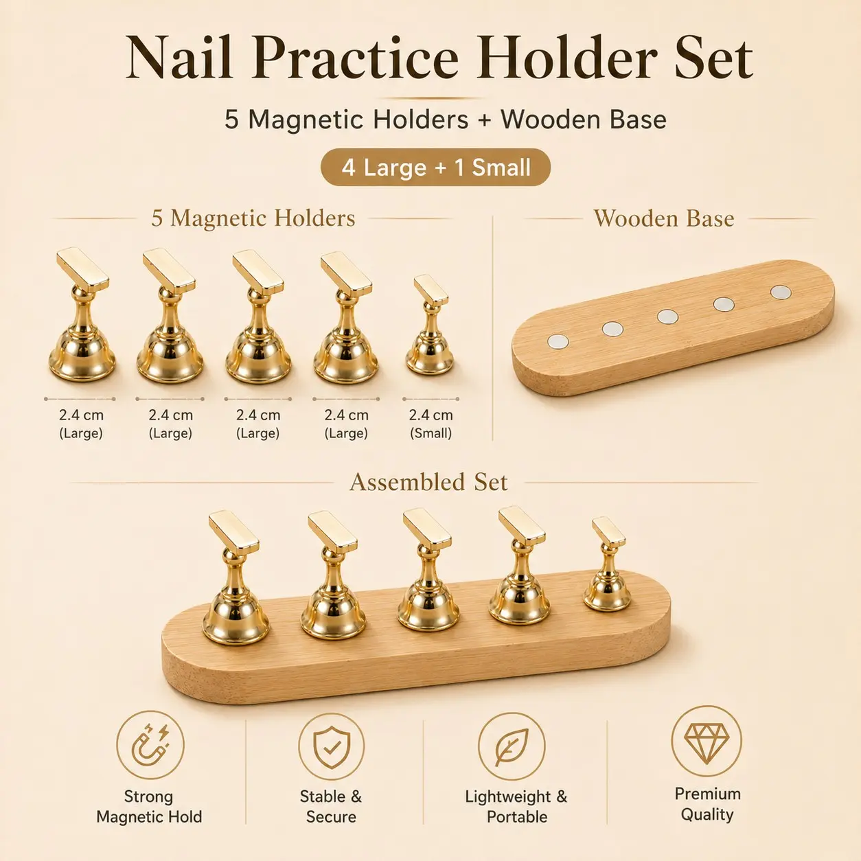 5pcs Magnetic Nail Stand with Wooden Base, 4 Large +1 Small Nail Tip Holders, Reusable Manicure Display Stand for Nail Art Practice