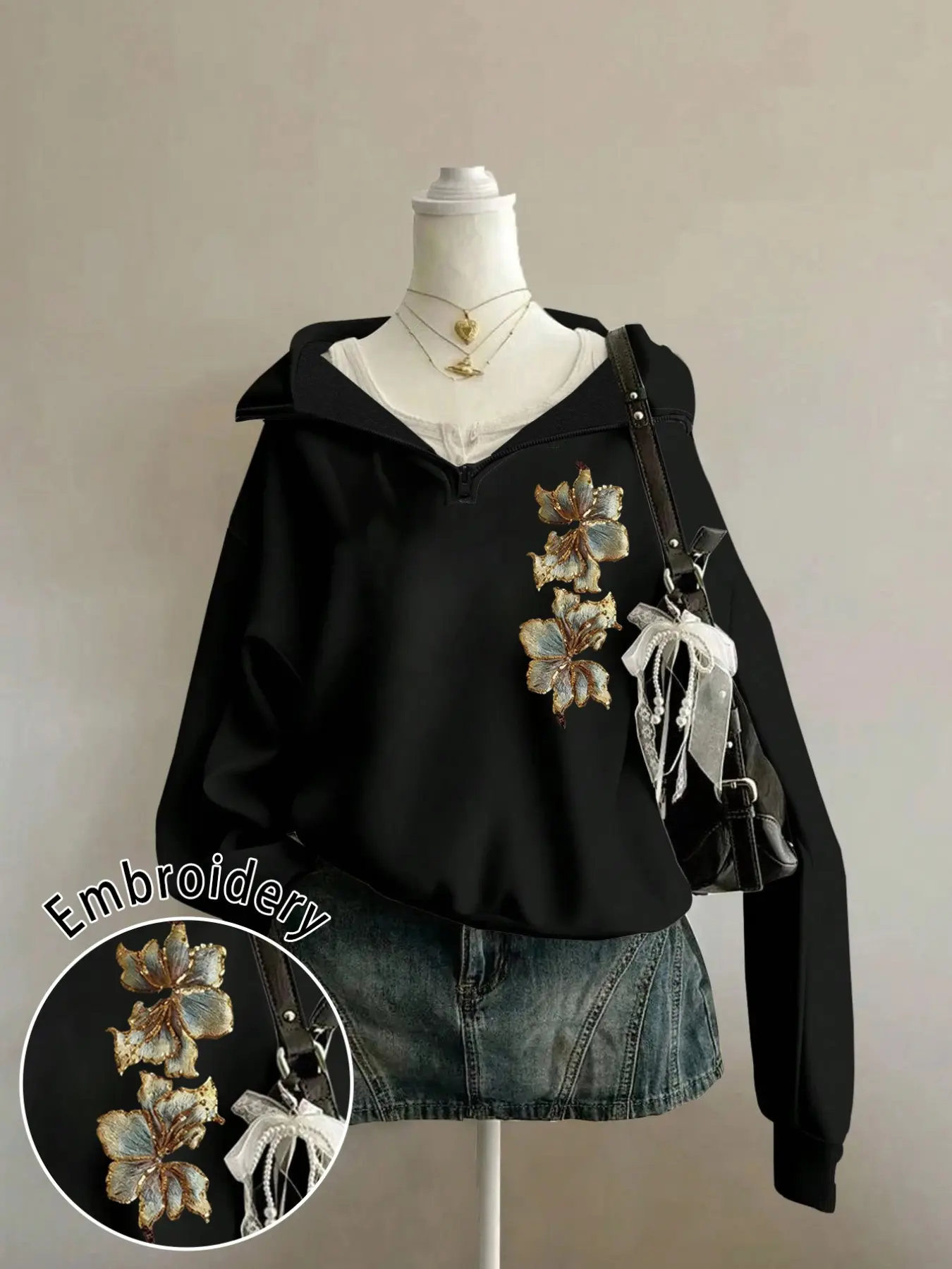 Women's Casual Loose Half-Zip Stand Collar Sweatshirt, Embroidered Floral Design, Fall Winter Fashion, Street Campus Daily Wear