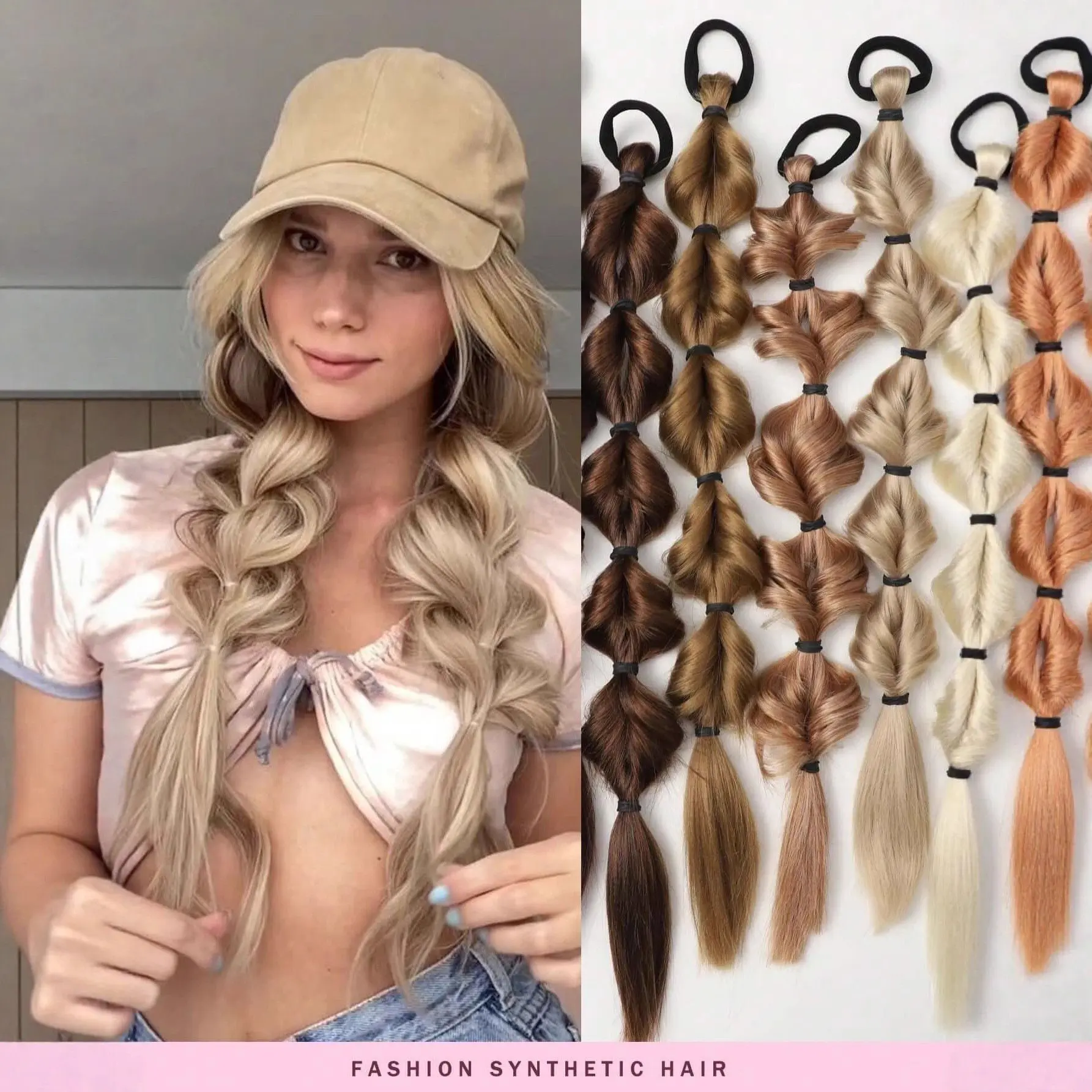 Synthetic Bubble Braid Ponytail Extensions (2-Pack, 20 Inch), Ash Blonde Pre-Made Pieces with Elastic Hair Tie, Ready-to-Wear Styling Accessories for Daily & Vacation Use, 20 Inch Hair