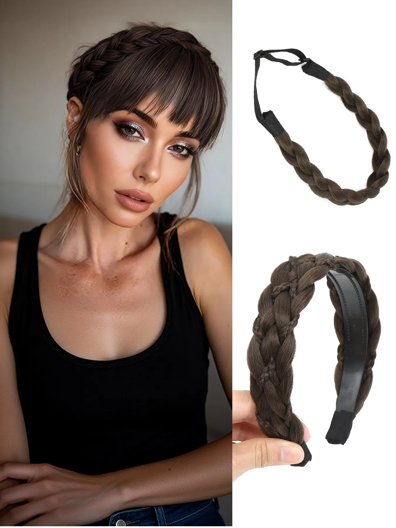 2-Pack: 14-Inch Braided Headbands for Women — Synthetic Fiber Hairbands featuring a Pre-Stretched Braided Design and Non-Slip Comb Teeth. Stylish and Versatile, Perfect for Daily Wear, Parties, Carnivals, Music Festivals, and Other Events（Dark brown）