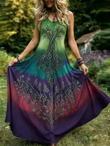 Women's Bohemian Summer Party Retro Sleeveless Flowy Lightweight Long Dress, Totem Viking Print Maxi Dress, Elegant and Stylish