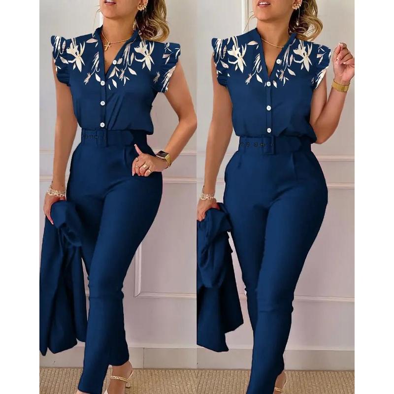 Women's 2-Piece Floral Print Blouse Solid Pants Set with Belt, Breathable Lotus Sleeve Top & Stretch Trousers Office to Casual Versatile Outfit Comfort Clothes Jacket Suits Chic Womenswear matching sets vacation Cropped Beach