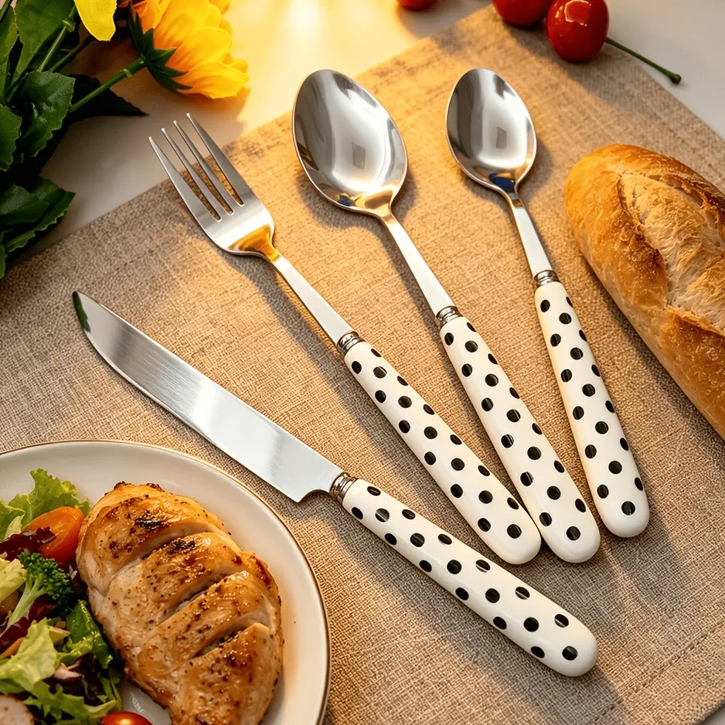4PCS Polka Dot Stainless Steel Flatware Set, Cute Fork Spoon  Set with Ceramic Handles, Food-Grade Dinner Utensil Set Kitchen Utensils for Steak, Dessert, Salad, Daily Dining, Kids & Student Lunch, New Home Essentials