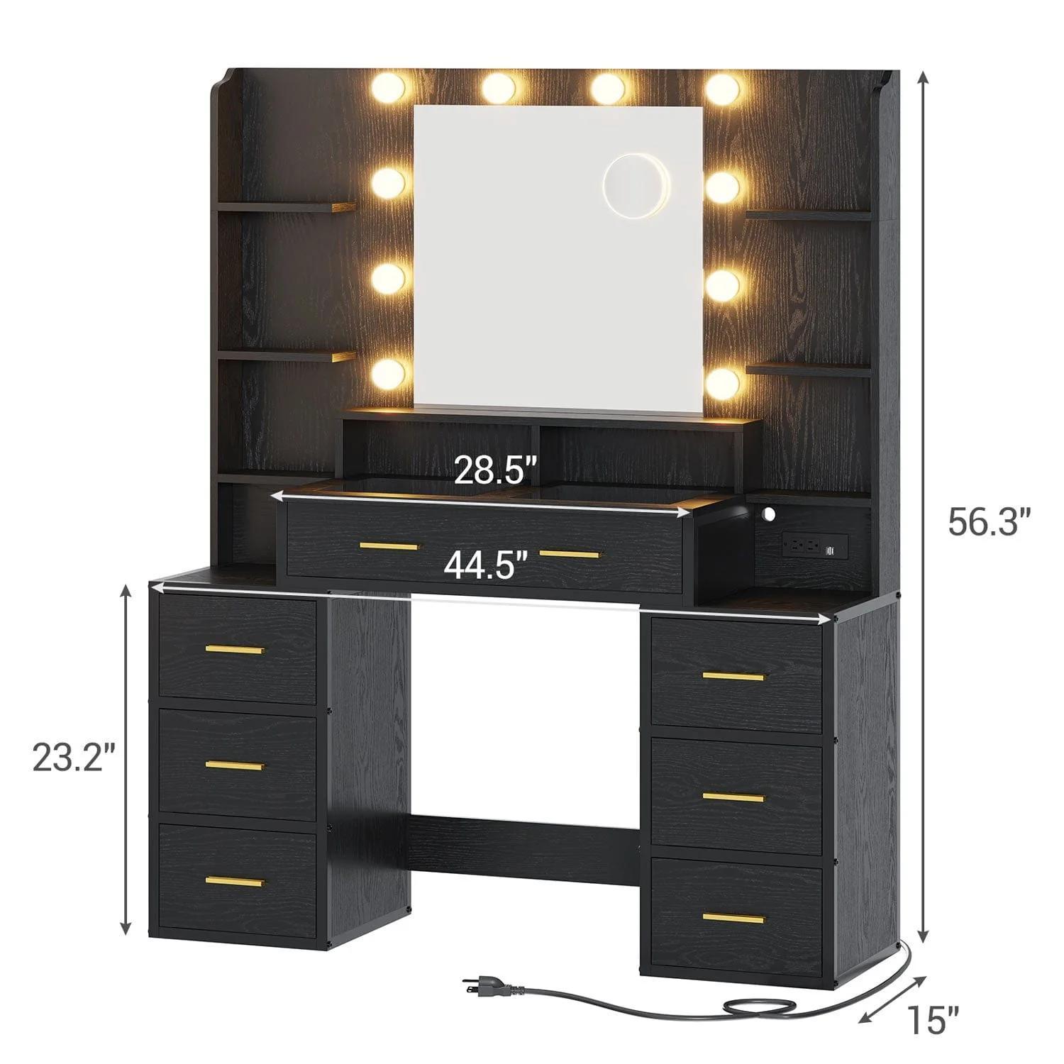 Glass Top Makeup Vanity with Lighted Mirror Black