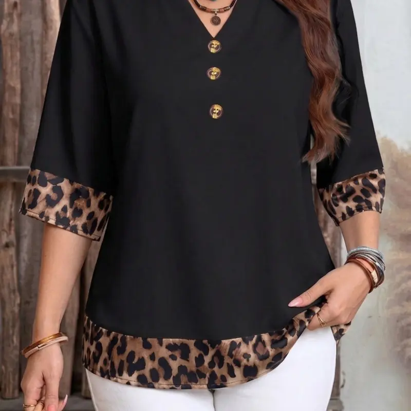 Women's Elegant Casual Leopard Patchwork V-Neck Mid-Sleeve Shirt, Loose Fit Lightweight Top, Spring & Summer Boho Blouse Elegance for Daily Wear and Commuting