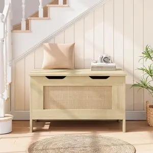 Garvee Storage Chest, 30 in Width Storage Bench, Entryway Shoe Bench with Safety Hinge and U-shaped Cut-Out Pull, Farmhouse Storage Trunk for Entryway, Living Room, Bedroom (Natural)