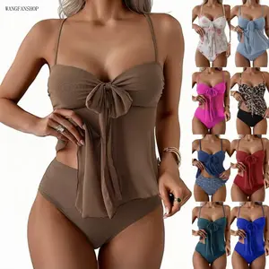 Women Coquette 2 Piece Bathing Suit, Tummy Control High Waist Flowy Mesh Top Swimsuit, Slimming Lightweight Two Piece Swimwear for Summer Beach Pool Vacation Outfits