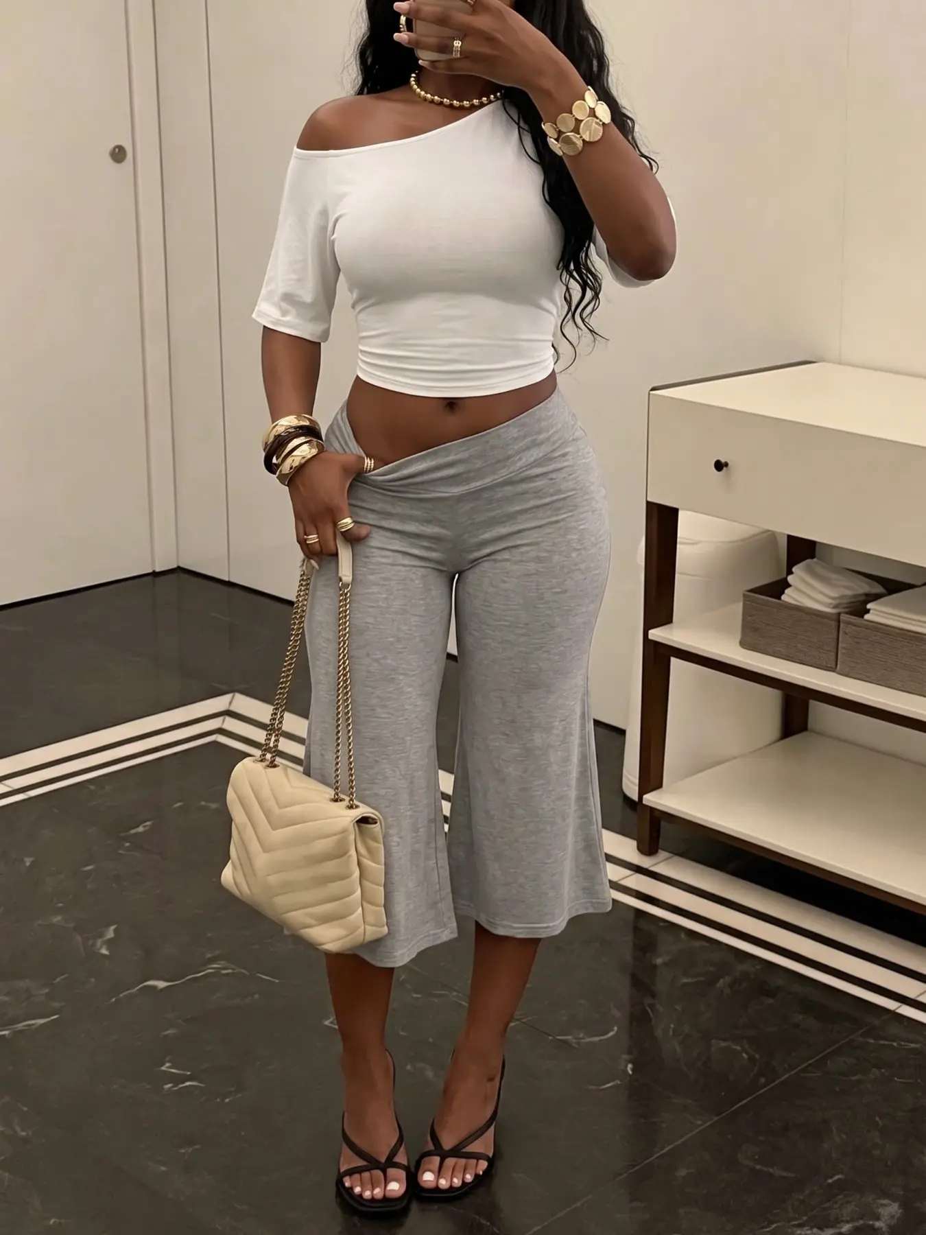 Off Shoulder Slant Neck Crop Top Crossover Waist Capri Flare Leg Pants Curvy Baddie Co ord Two Piece Outfit Set Daily Errands Streetwear Lounge Matching Outfit for Casual Travel Weekend OOTD Style Inspo Try On Haul Everyday Cute Fashion Aesthetic Outfit I