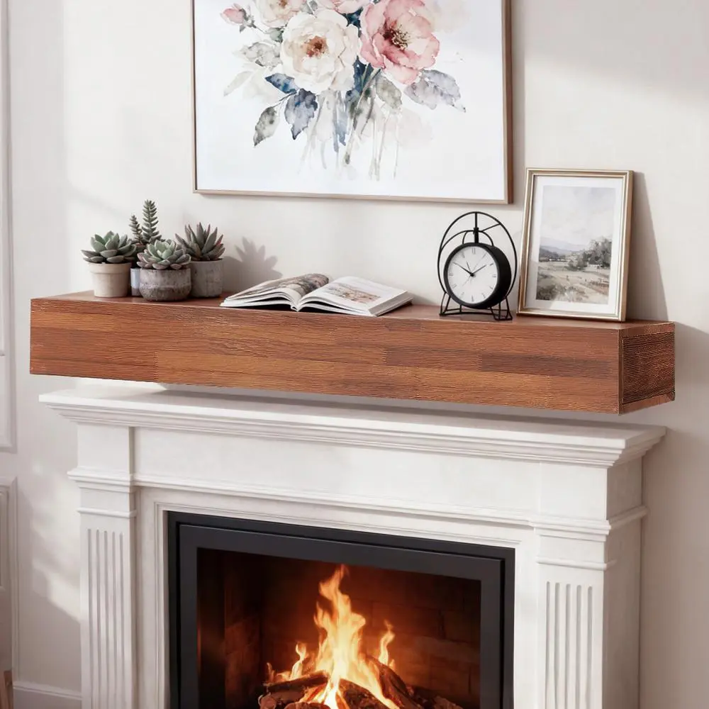 72 Inch Rustic Wood Fireplace Mantel Shelf, Wall Mounted Floating Mantel for Fireplace, Farmhouse Style Wooden Floating Shelf, Decorative Fireplace Surround Shelf, Solid Wood Look Home Decor Shelf for Living Room, Bedroom, Entryway & Wall Storage Organize