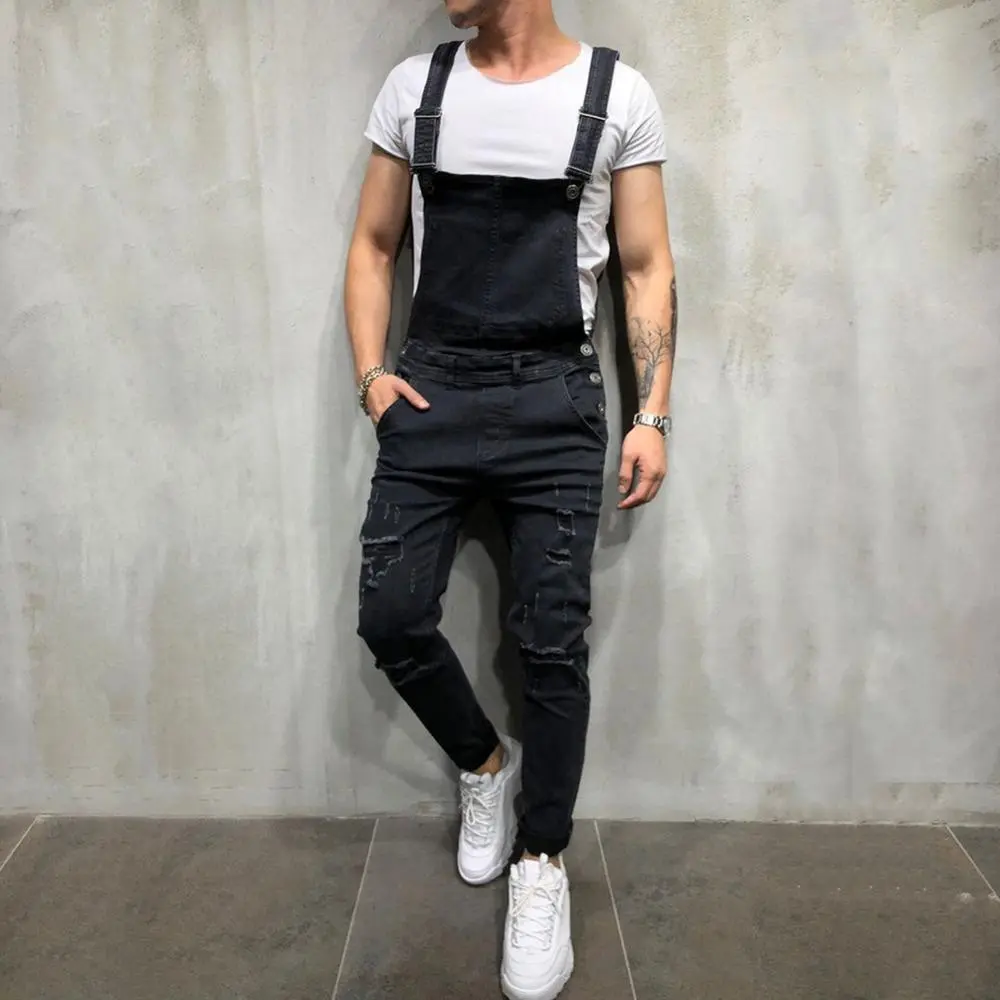 Stylish Men Slim Holes Distressed Overalls Jumpsuits Biker Jeans Man Street Style Ripped Stretch Strap Jeans Midrestock