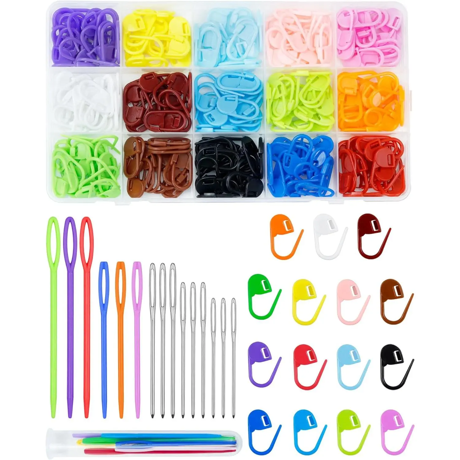 FIVEIZERO 220/900 Pieces Stitch Markers,with 15 Pcs Large Eye Blunt Sewing Needles,Colorful Crochet Stitchs Markers for Knitting Stitch Locking Clips Crochet Pins with Storage Box