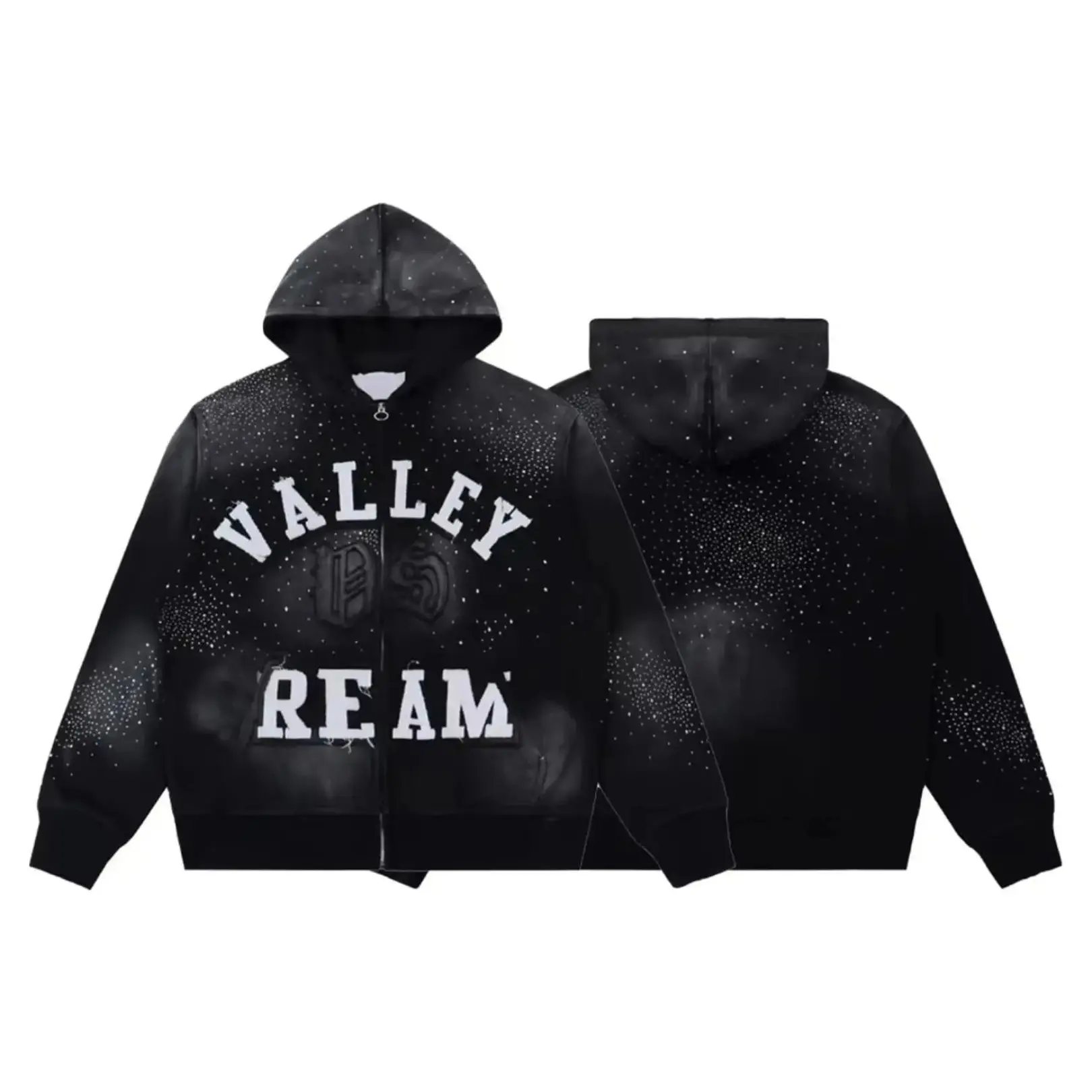 VALLEY Y2K Rhinestone Letter Zip Up Hoodie 100% Cotton Heavyweight Oversized Distressed Hooded Sweatshirt Hip Hop Vintage Streetwear Casual Jacket Men Women Menswear Tops