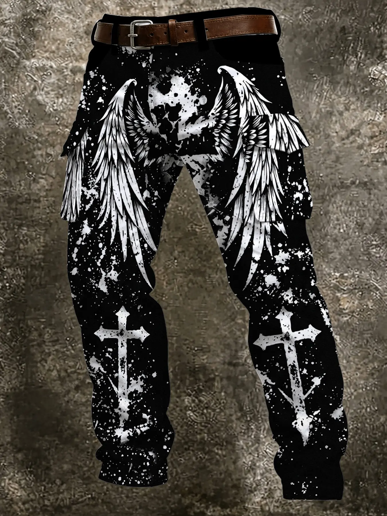 Men's Gothic Style Cargo Trousers, Dark Ink Angel Wings Cross Print, Multi-Pocket Straight Leg, Casual Long Pants for All Seasons