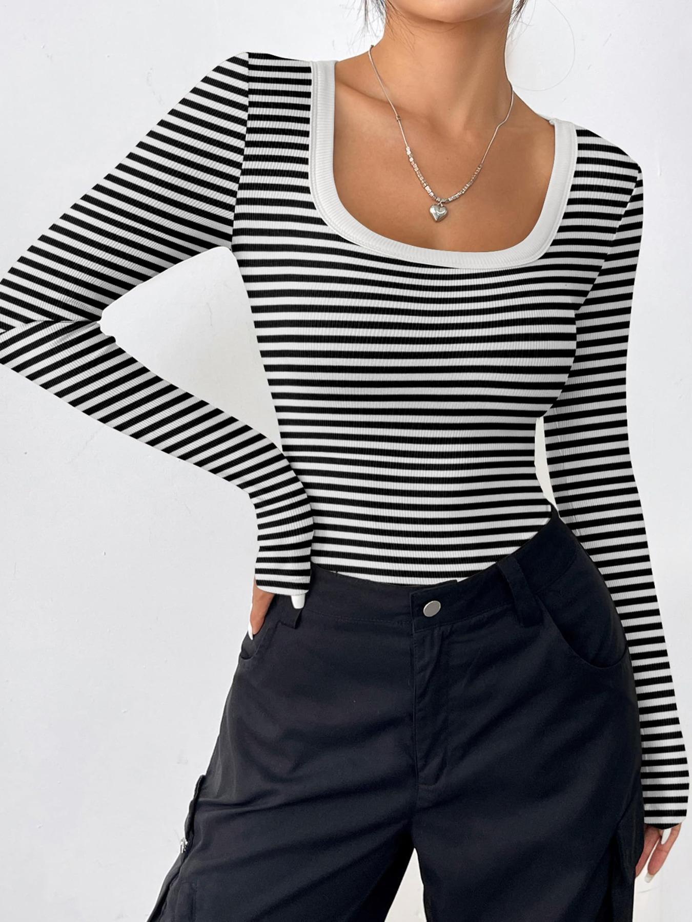 Women's Striped Knit U-Neck Long Sleeve T-Shirt, Soft Elastic Fabric, Regular Fit Casual Top, Perfect for Daily Wear