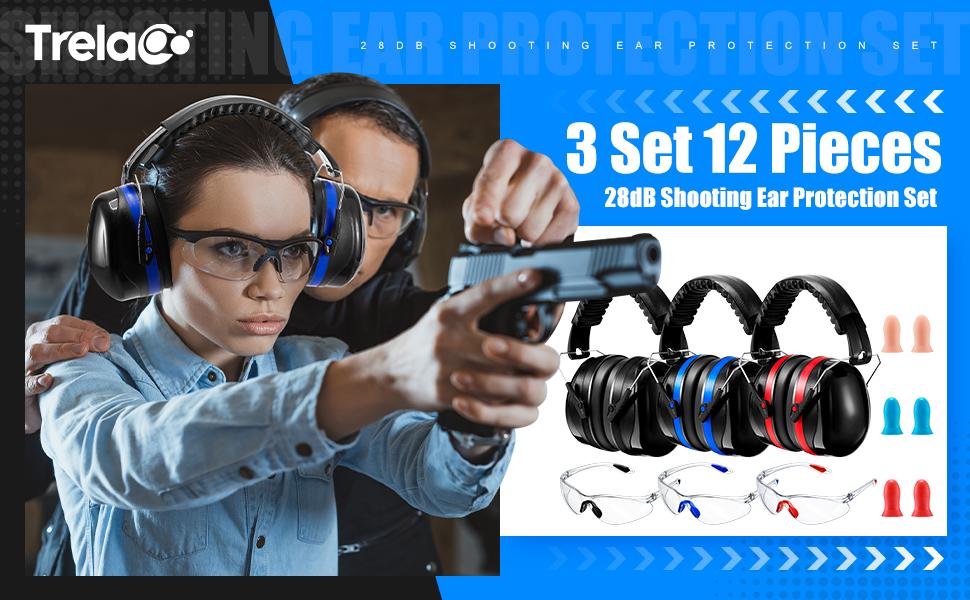 3 Pack Shooting Ear Protection for Gun, Hearing Protection Ear Muffs 28dB with Shooting Eye, Earplugs