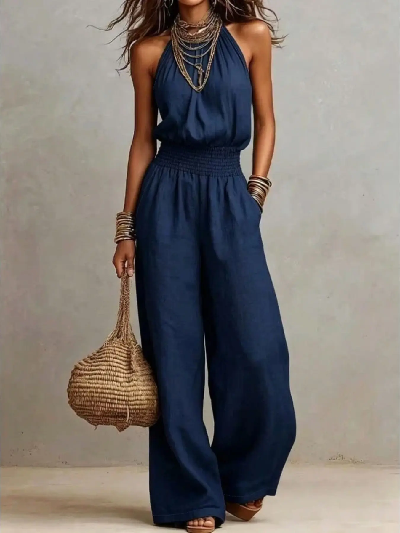 French Lazy Chic Style Navy Cotton Linen Halter One-Piece, Beach Travel Loose Wide Leg Sleeveless High Waist Casual Romper Jumpsuit