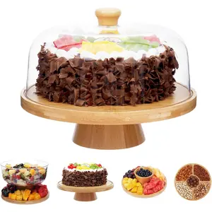 Bamboo Cake Stand with Lid, 6-in-1 Multifunctional Cake Plate, Cake Holder, Serving Tray, Fruit Platter, Salad Bowl, Dessert Table Display & Acrylic Cake Dome Cover