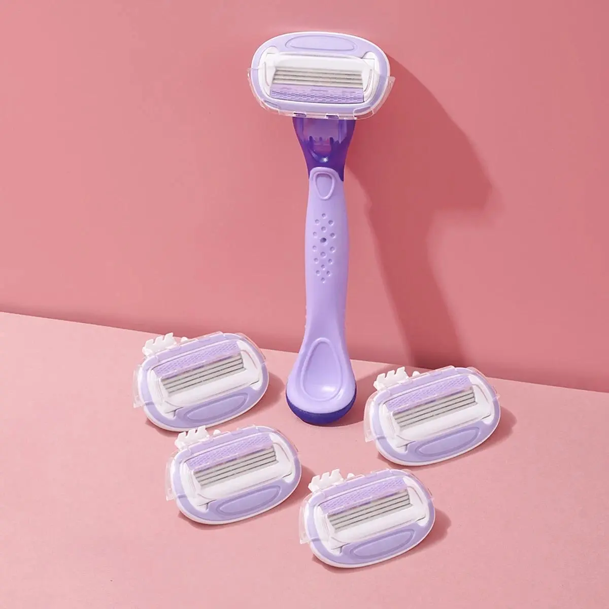 Women's Reusable Razor Set - 1 Handle with 5 Stainless Steel Blades, Rubber Grip, Hydrating Stick for Body Hair Removal & Face/Any Area Use (3-3.9 fl oz Compatible), Reusable Blade