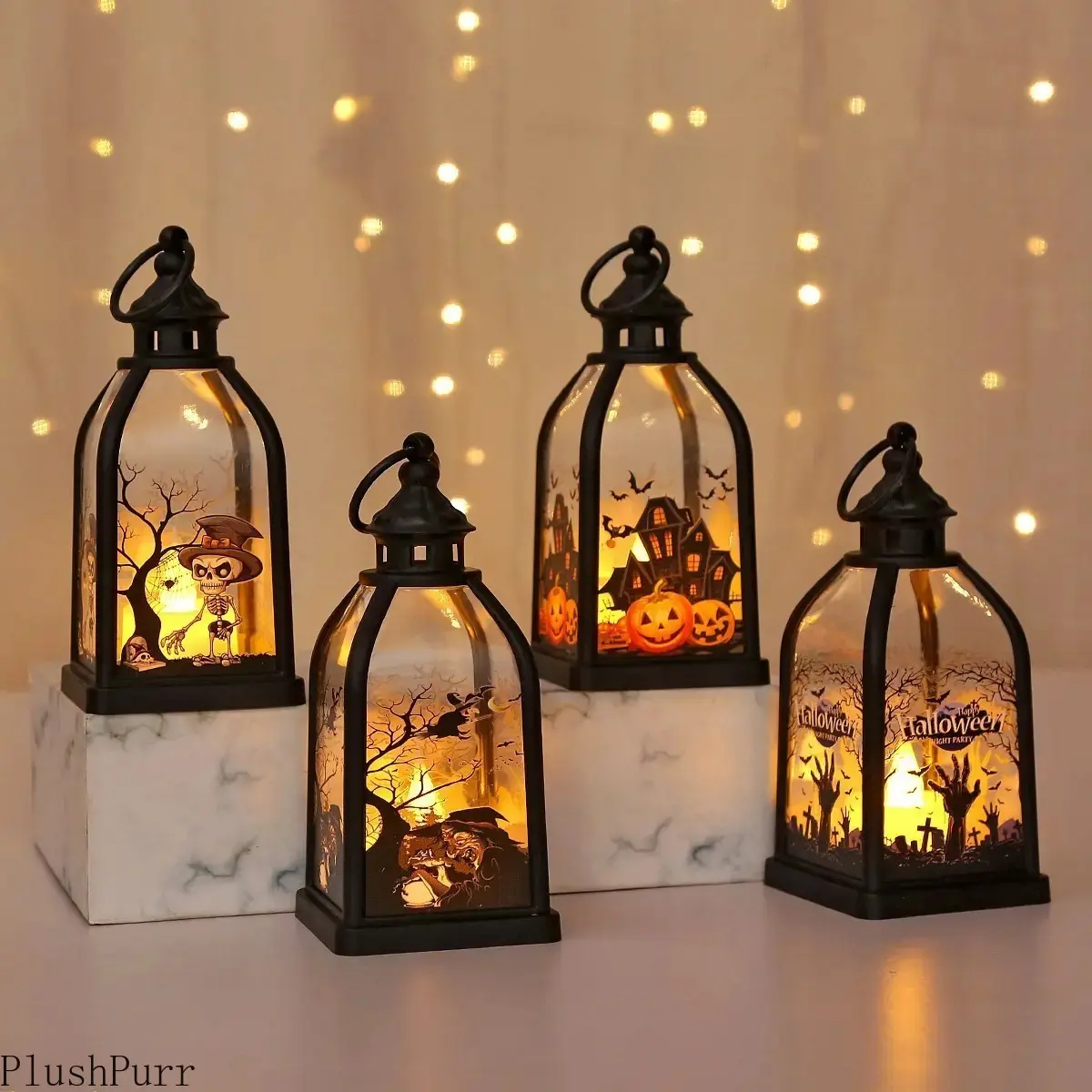Halloween Vintage 4-Sided Pumpkin Wind Lantern Decor - Single Unit with Flickering Light, Flameless LED Candle, Retro Glam Pumpkin Motif, Weighted Anti-Tip Base, Waterproof Plastic Frame, Wear-Resistant, Crack & Fade-Resistant for Spooky Carnival Vibe