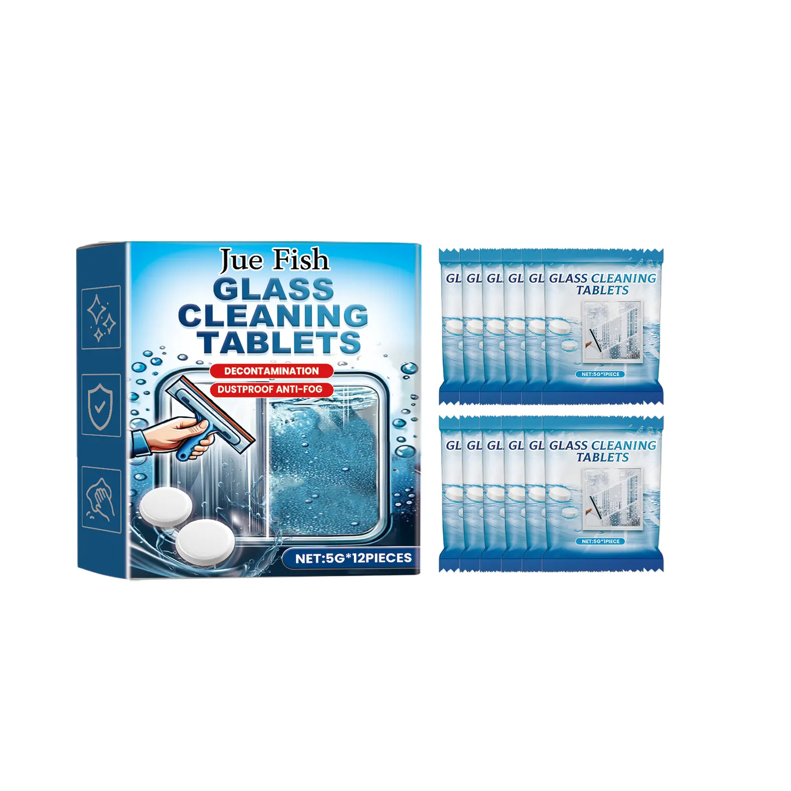 Household Glass Cleaning Effervescent Tablets - Concentrated Pure Formula with Isopropyl Alcohol, Removes Stubborn Dirt, Grime, Water Stains for Windows, Doors, Mirrors, Includes Microfiber Cloth