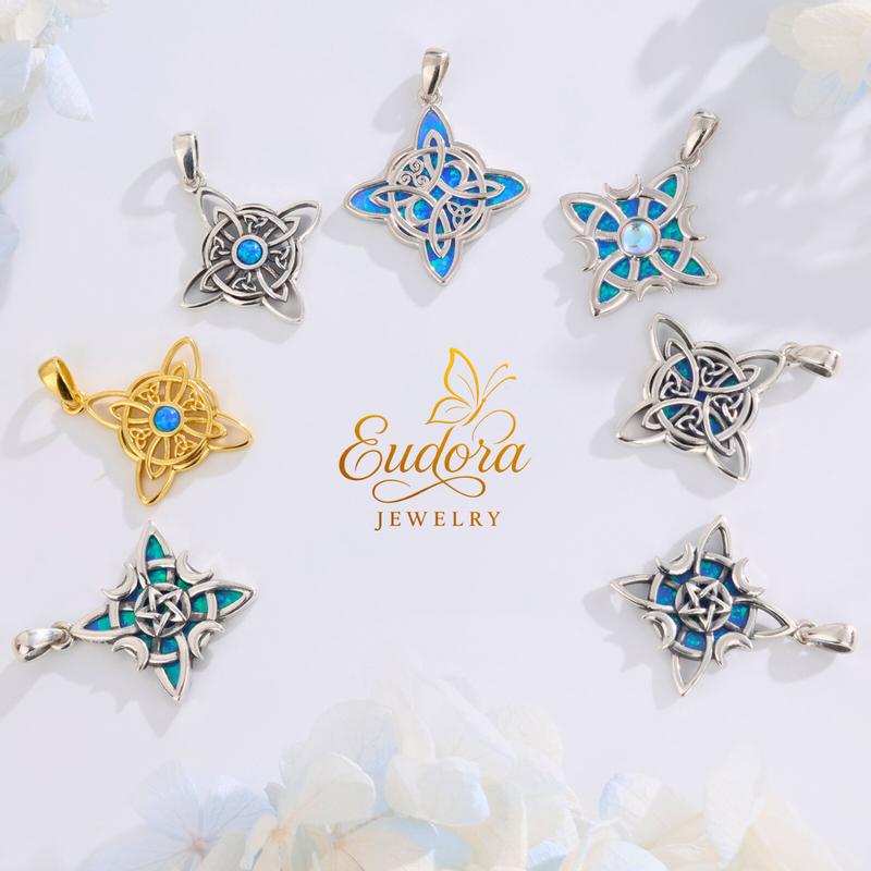 Eudora S925 Silver Witch Knot Necklace Collection Celtic Knot Pendant Mother of Pearl & Blue Opal Nudo De Bruja Talisman Protective Symbol Handmade Witchy Jewelry Gift