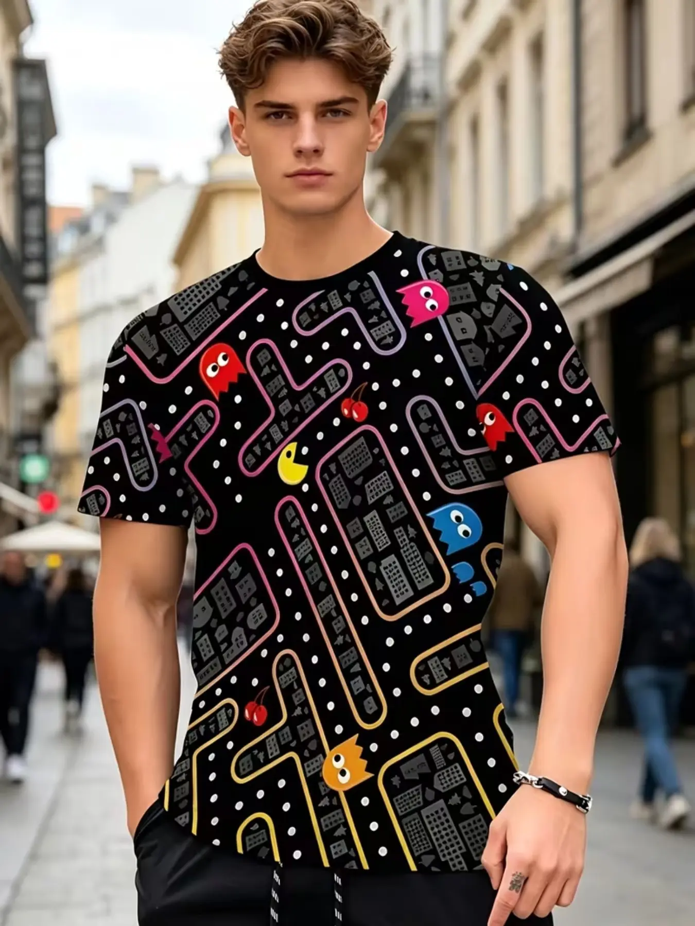 Vintage Pac-Man Full Print Short Sleeve T-Shirt, Classic Arcade Ghost Maze Pattern, Casual Round Neck Top, All Seasons Wear