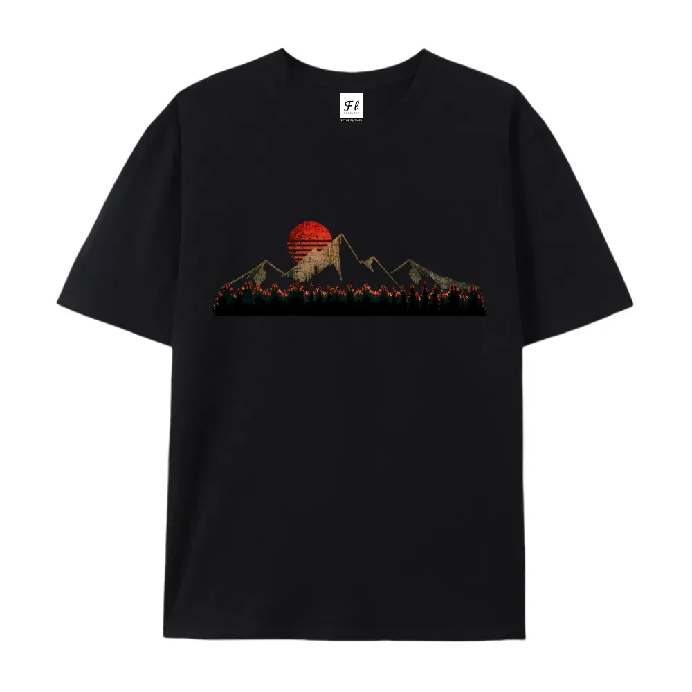 Men's Unisex Wear Short-Sleeve Cotton T-Shirt, Loose-Fit, Sunset Mountains Print, Breathable Casual Tops for Daily Wear, Shortsleeve, Top, Graphic Tee