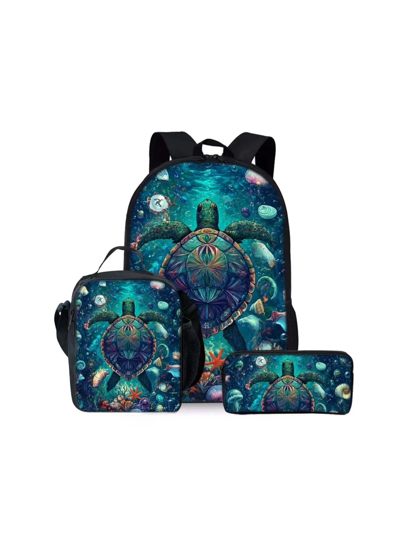 Three-piece set of backpacks with 2D turtle print, large-capacity lightweight bag set, suitable for outdoor trips and daily school use. The set includes a backpack, a lunch bag and a pencil case, making it an ideal holiday gift for kids and friends.