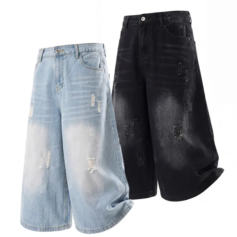 Men's Wide-Leg Knee-Length Denim Shorts with Button Fly, Faded Wash and Distressed Details, Slant Side Pockets, and Straight Hem for Y2K Streetwear Style # SummerWins