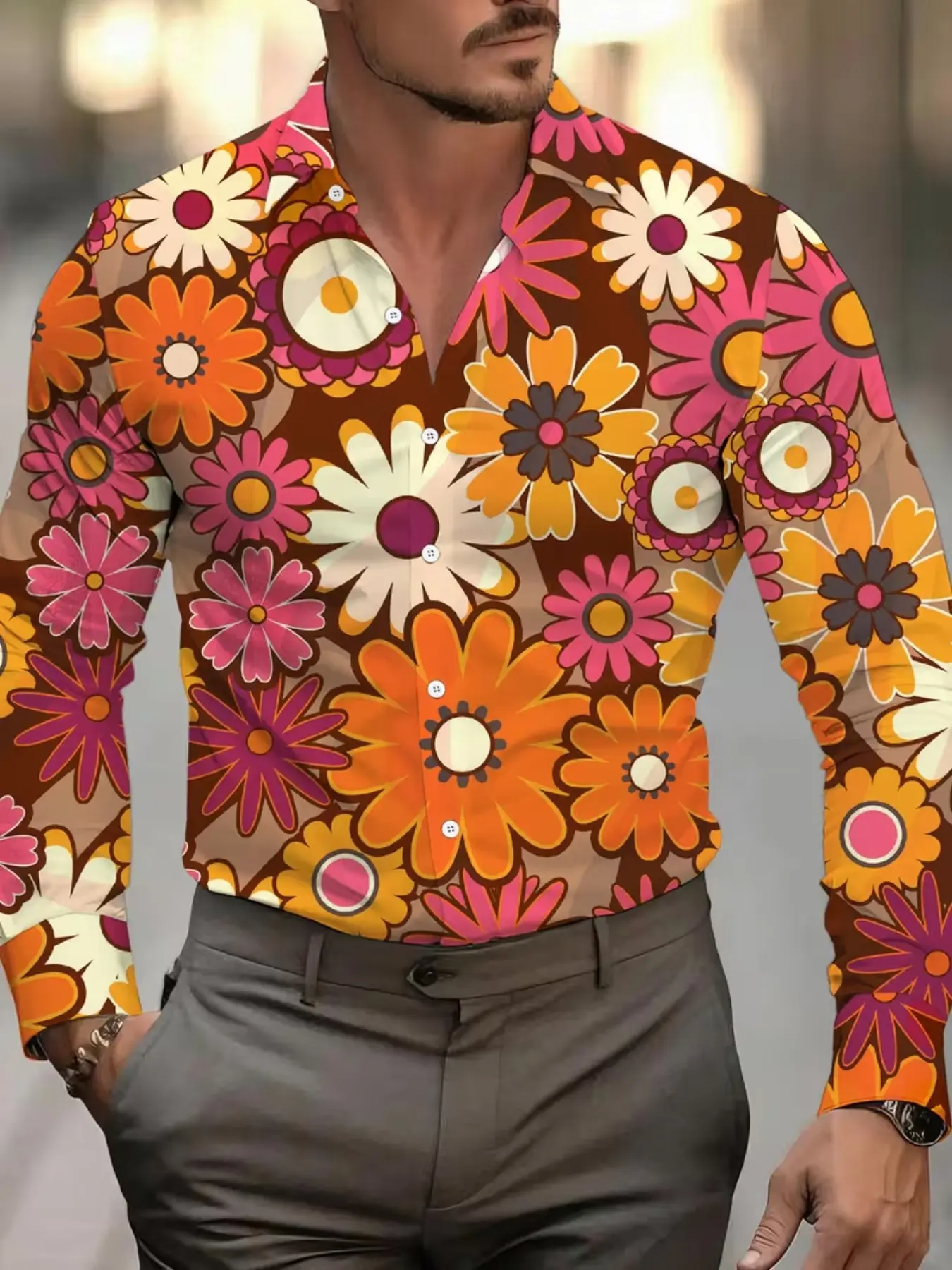 Men's Vintage Colorful Floral Print Long Sleeve Shirt, Warm Tone Flower Pattern, Casual Loose-Fit, Perfect for Daily Wear and Travel