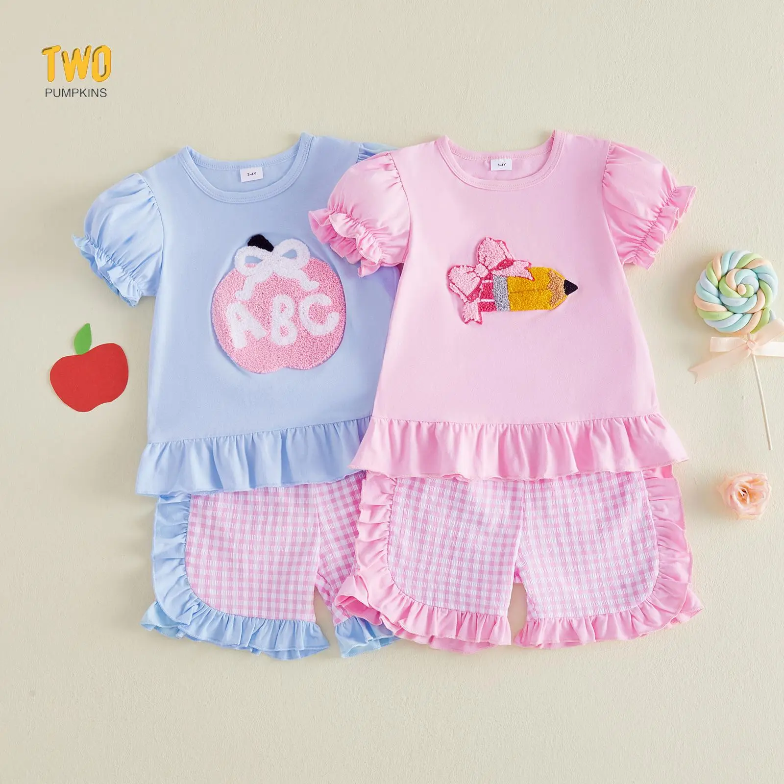 Toddler Baby Little Girls Back to School Outfits Bow Bus Embroidery Short Sleeve Tops and Striped Shorts Set 1-6 Years