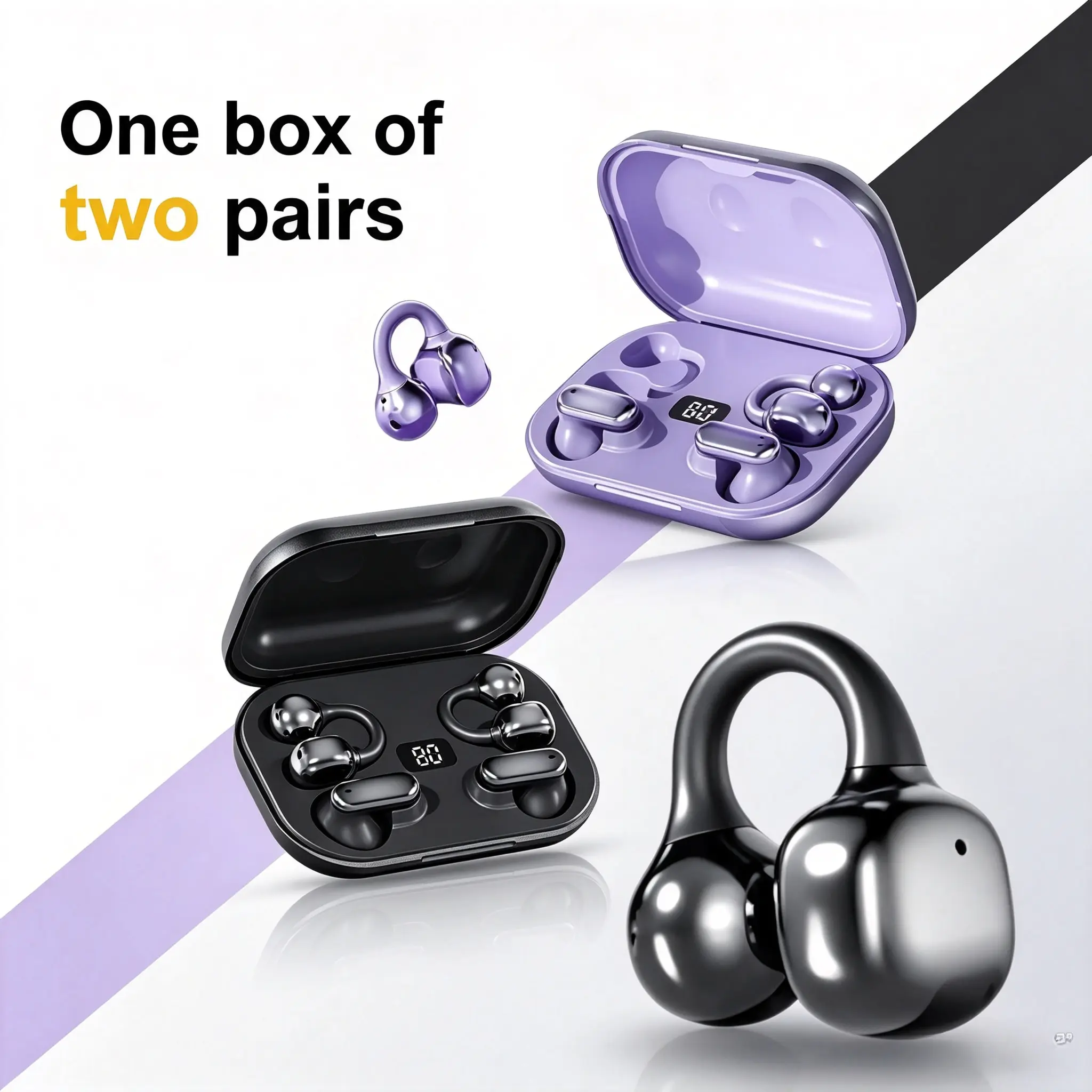 2 Pairs Wireless Earbuds, Open‑Ear Clip‑on & In‑Ear 2‑in‑1 Bluetooth 5.4 Headphones with LED Digital Display, Noise Cancelling Comfort Fit No‑Pain Gaming Earphones for Running Workout, Ideal Couple Tech Gift