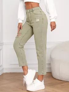 Women's Y2K Jeans, Light Military Washed High Waist Ripped Carrot Pants, Trendy Fashionable Denim Bottoms for Casual Wear
