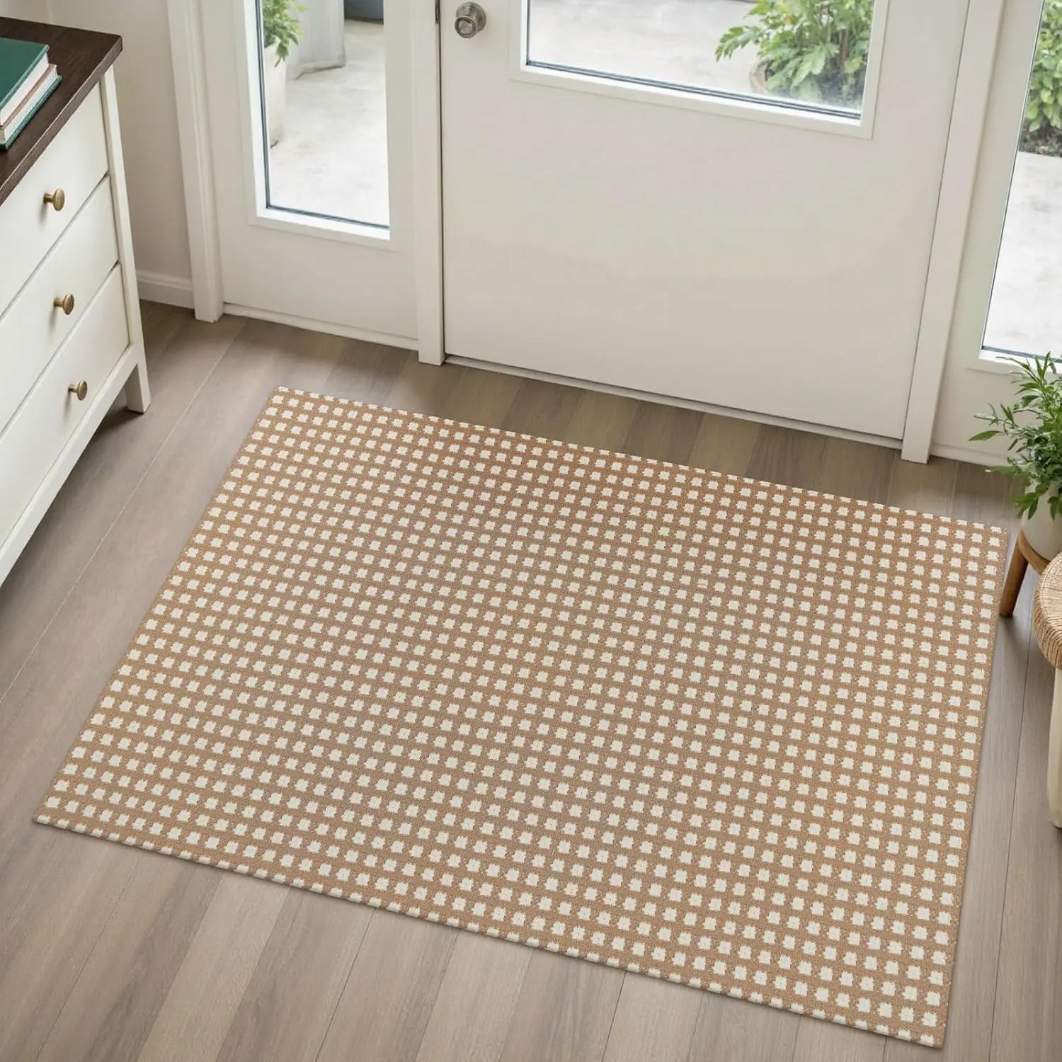 Washable Woven Indoor Outdoor Doormat, 2x3 Camel  Small Entryway Rug Low Pile Non-Slip Kitchen Rug, Modern  Throw Carpet for Porch Bathroom Entrance Bedroom