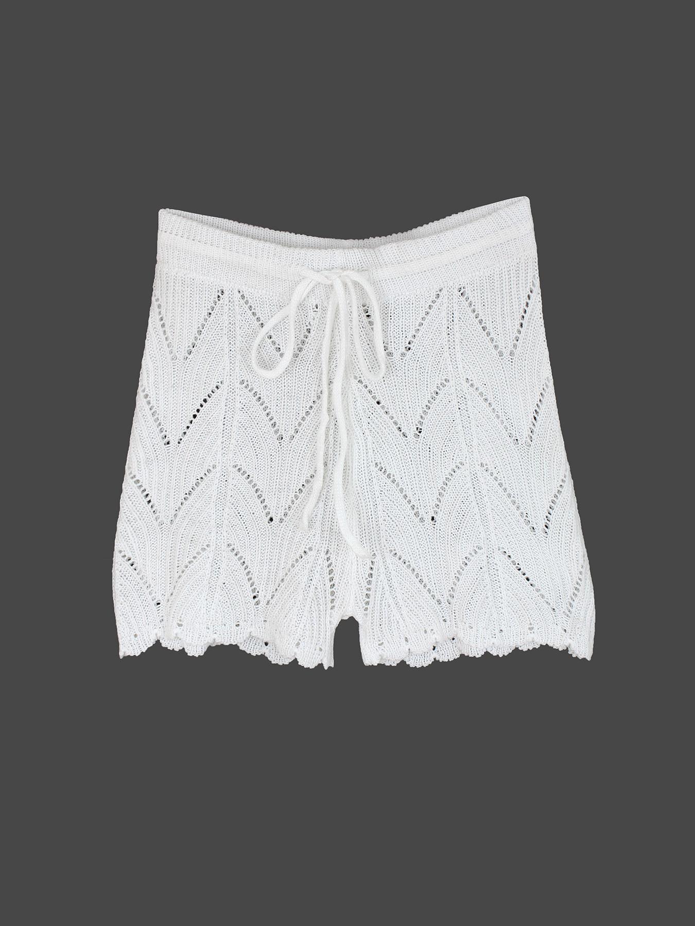 Women's Plain Hollow Out Drawstring Waist Knit Shorts, Casual Relaxed Shorts, Boho Scallop Trim Cover Up Shorts for Beach Holiday Vacation, Ladies Summer Bottoms