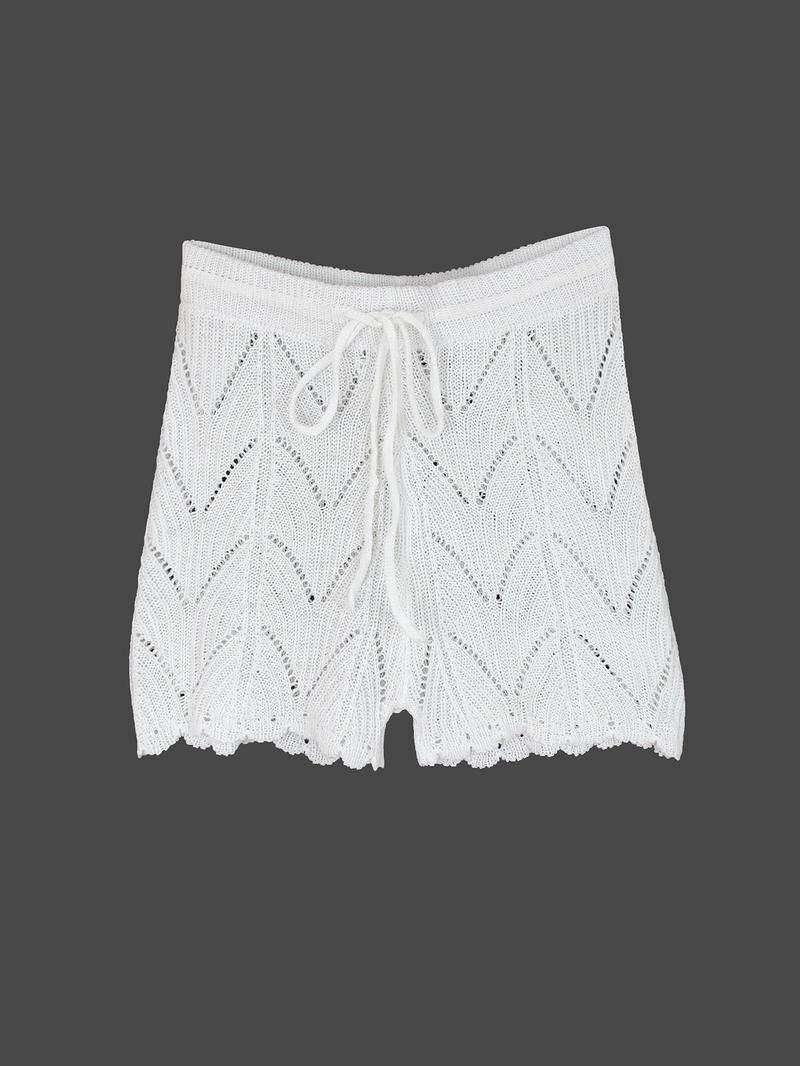 Women's Plain Hollow Out Drawstring Waist Knit Shorts, Casual Relaxed Shorts, Boho Scallop Trim Cover Up Shorts for Beach Holiday Vacation, Ladies Summer Bottoms