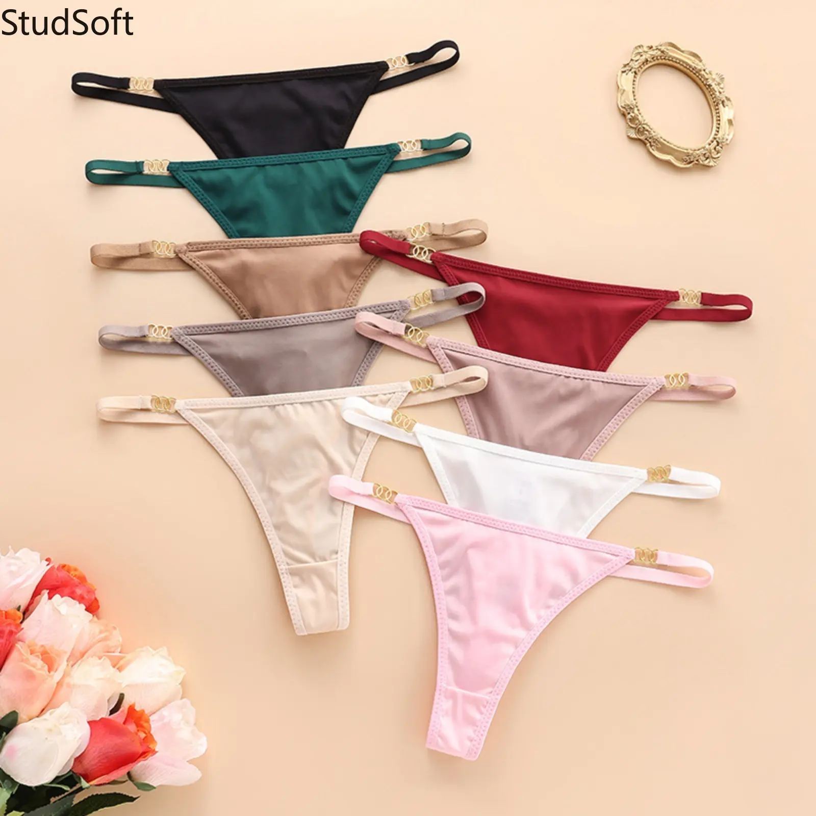 8Pcs Satin Thongs for Women Sexy Metal Buckle Underwear Stretchy G-String Multipack Invisible Soft T-Back Panties for Yoga Gym Lounge Romantic Night