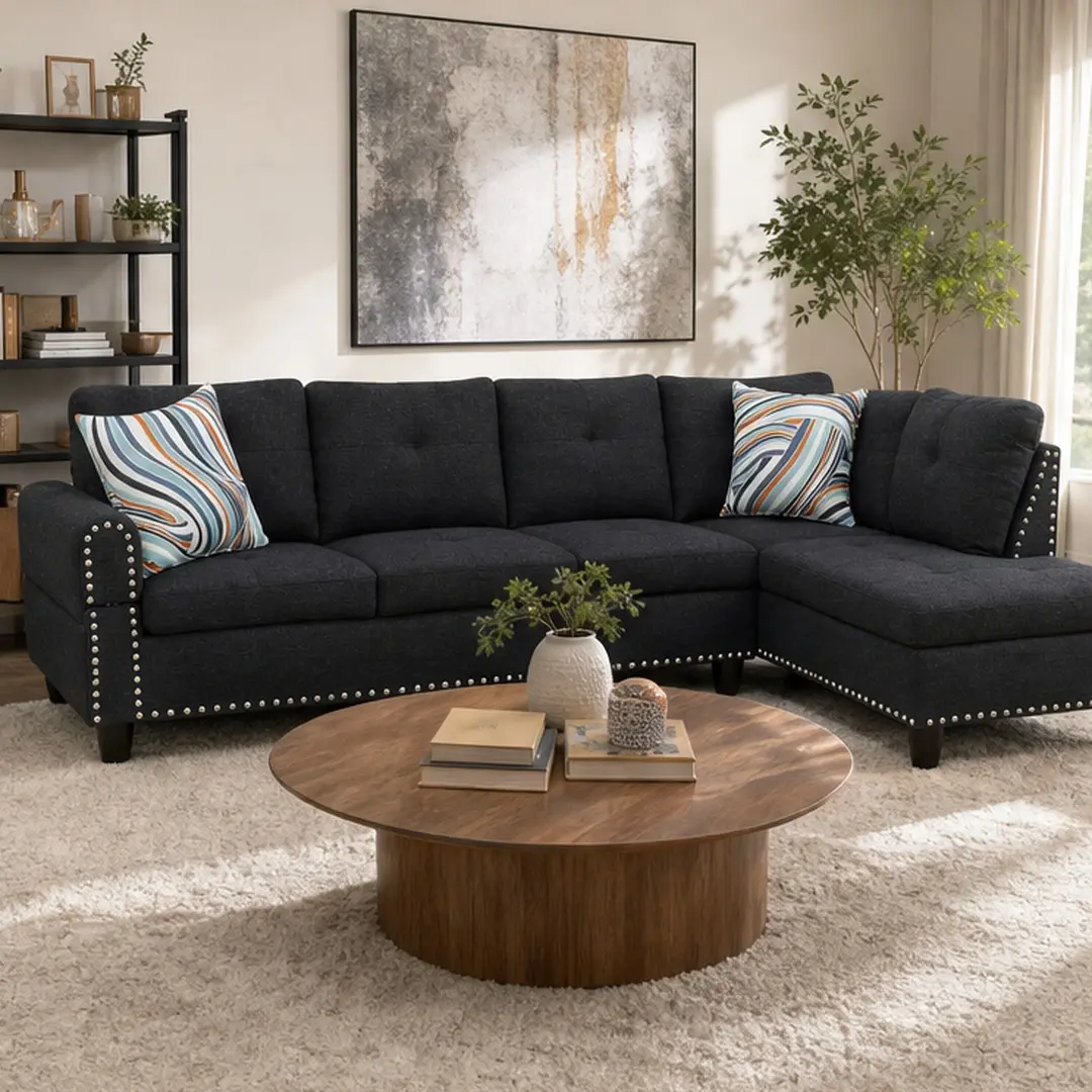 ARCH L-Shape Sectional Sofa with Cup Holder and Storage Ottoman, 5-Seat Faux Leather Couch with Pull-Down Middle Seat, Tufted Nailhead Trim Living Room Furniture Set, Black, Black Color Options, Foam/Wood Material, 5 Seat Seat Count