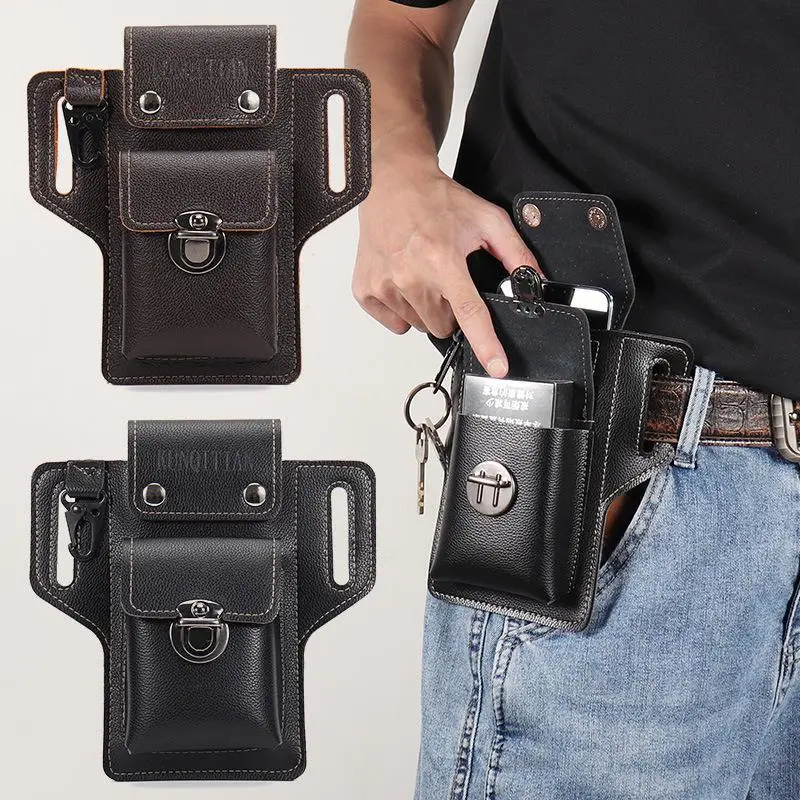 Vertical Square PVC Belt Bag for Men & Women, Phone Holster for Everyday Carry and Hiking with Card Slots & Key Ring - Fits Phones up to 6.3"