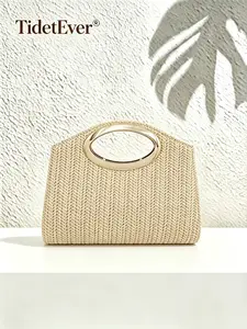 Straw Woven Clutch Bag for Women, Large Round Metal Cutout, Evening Handbag, Summer Beach Bride Purse, Wedding Party Gift, Elegant Evening Bag
