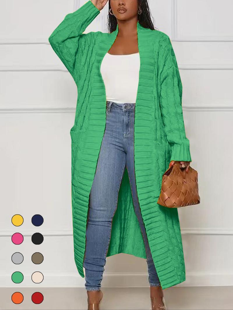 Women's Solid Color Textured Drop Shoulder Pocket Longline Cardigan, Casual Open Front Long Sleeve Knitwear for Fall & Winter, Women's Knit Clothing for Daily Wear, Lady Baggy Cardigans for Women, Womenswear, Casual Knit Top