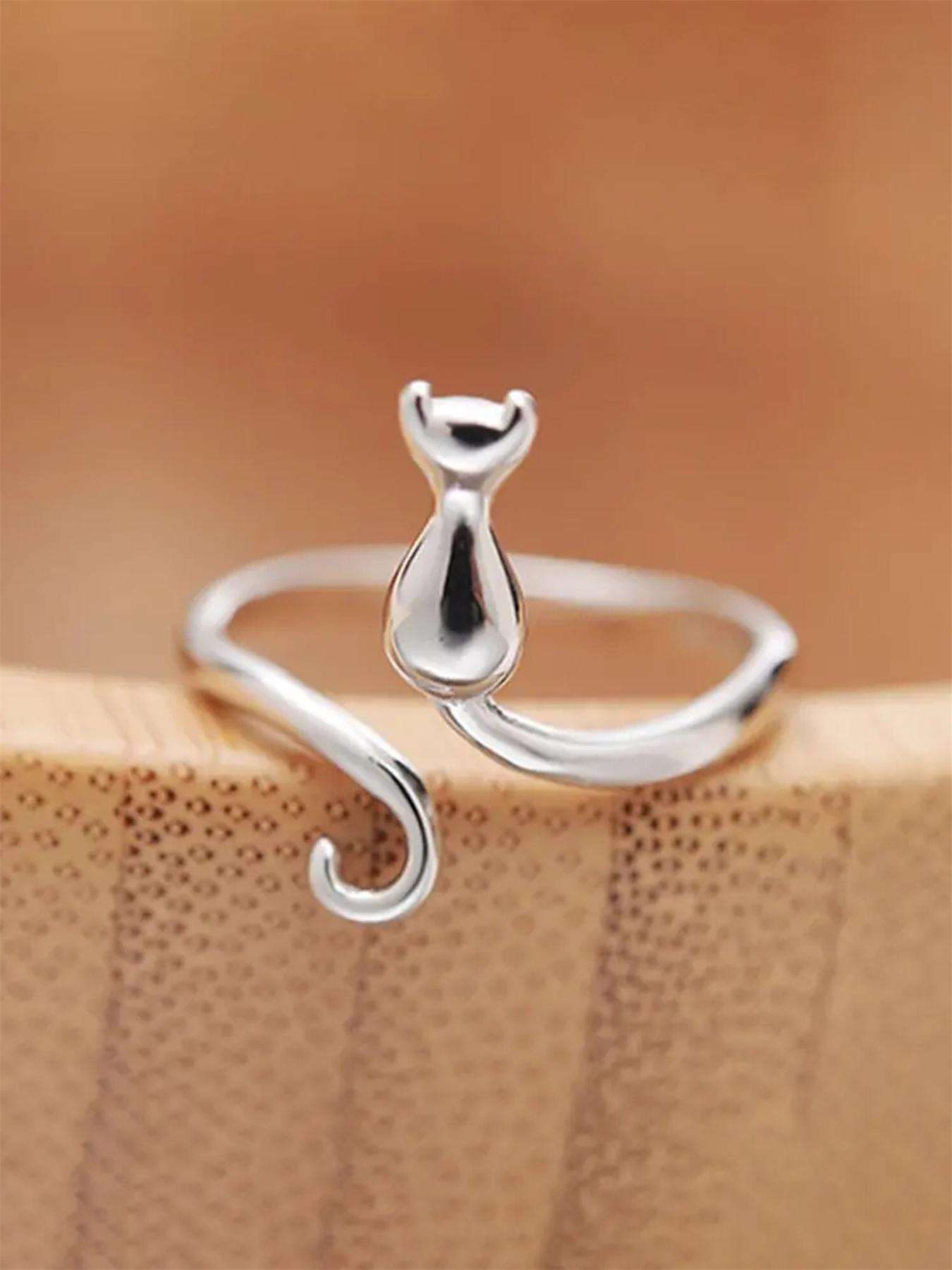 Cute Cat Design Animal Feature Cuff Ring, Adjustable Rings, Copper Material, Accessories for Women & Girls, Jewelry for Party, Daily Clothing Decor, Jewelry for Anniversary Gift, Jewelry For Birthdays, Adjustable Fit