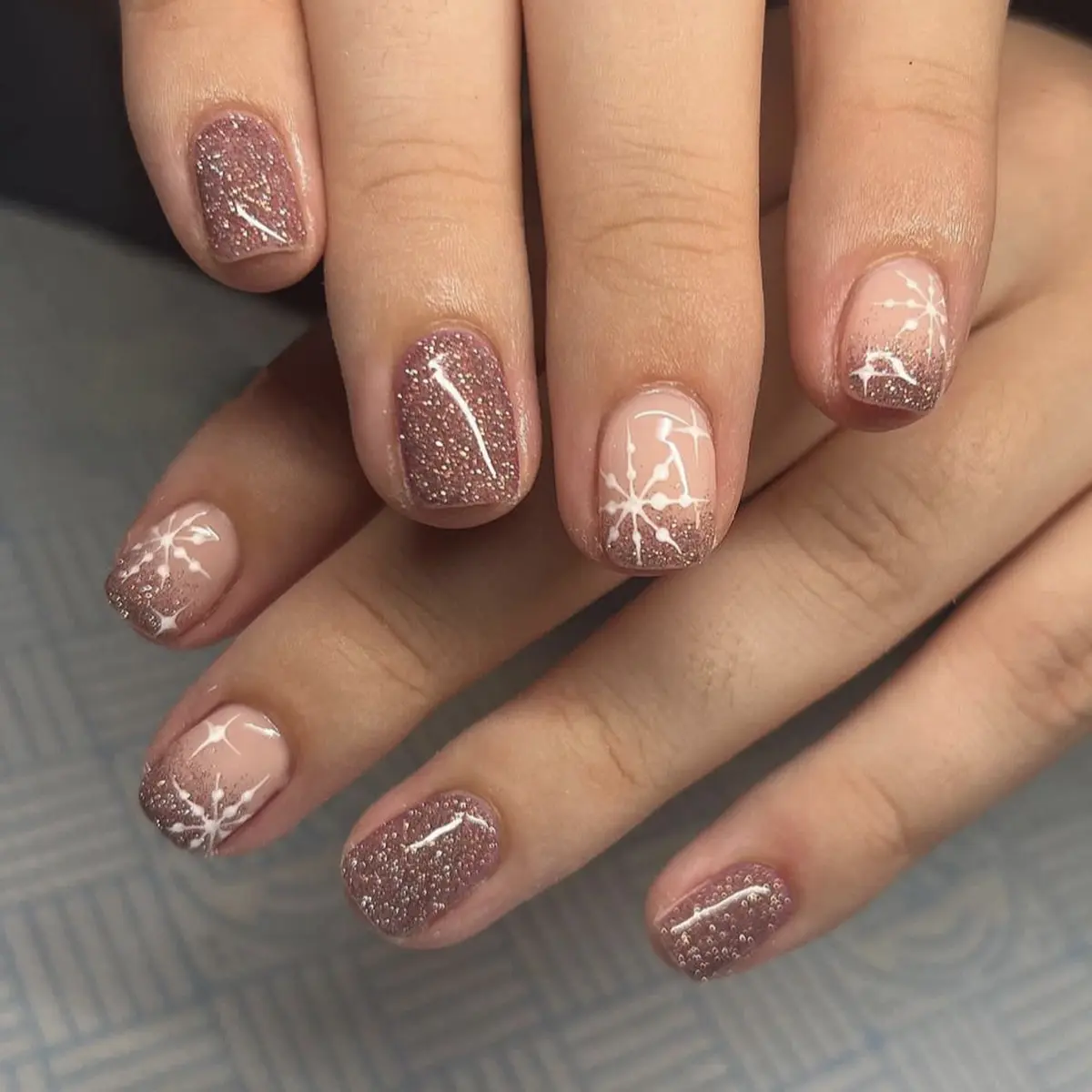 Christmas Press On Nails, Short Square Champagne Glitter with Snowflake & Starburst Accents, Reusable Holiday Look Manicure, False Nails, Beauty Products