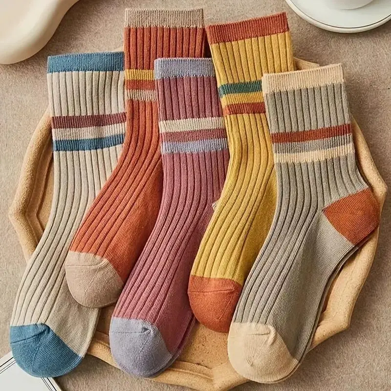 10 Pairs Colorful Striped Mid-Calf Socks for Women, Thick Warm Knitted Long Socks with Ribbed Cuff & Breathable Cotton Blend, Perfect Casual Socks for Autumn Winter Fashion Outfits.