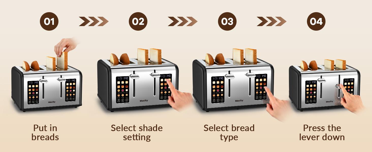 4 Slice Toaster with Touch Screen Control, 4 Wide Slots, Stainless Steel Smart Bread Toaster for Bagels, Muffins, Waffles, Dual Control Panel, Timer, Defrost, Reheat, 120V 1650W, Matt Black