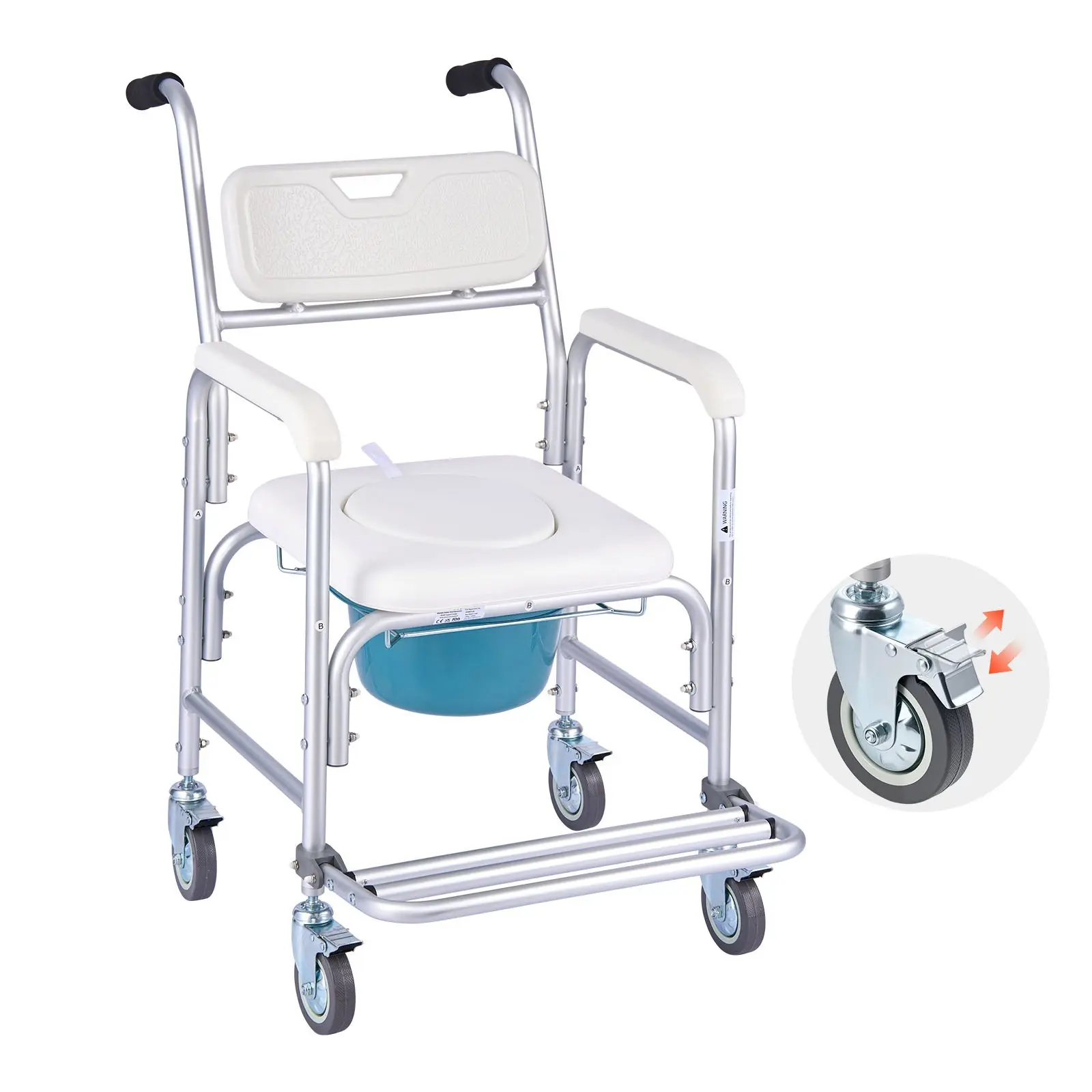 VEVOR 4-Wheel Bedside Commode Chair, 350 lbs Capacity, 4-in-1 Portable Toilet with Raised Toilet Seat, Padded Seat/Backrest, Flip-up Footrest, 5L Detachable Bucket, Shower Chair for Seniors, 4 Wheels
