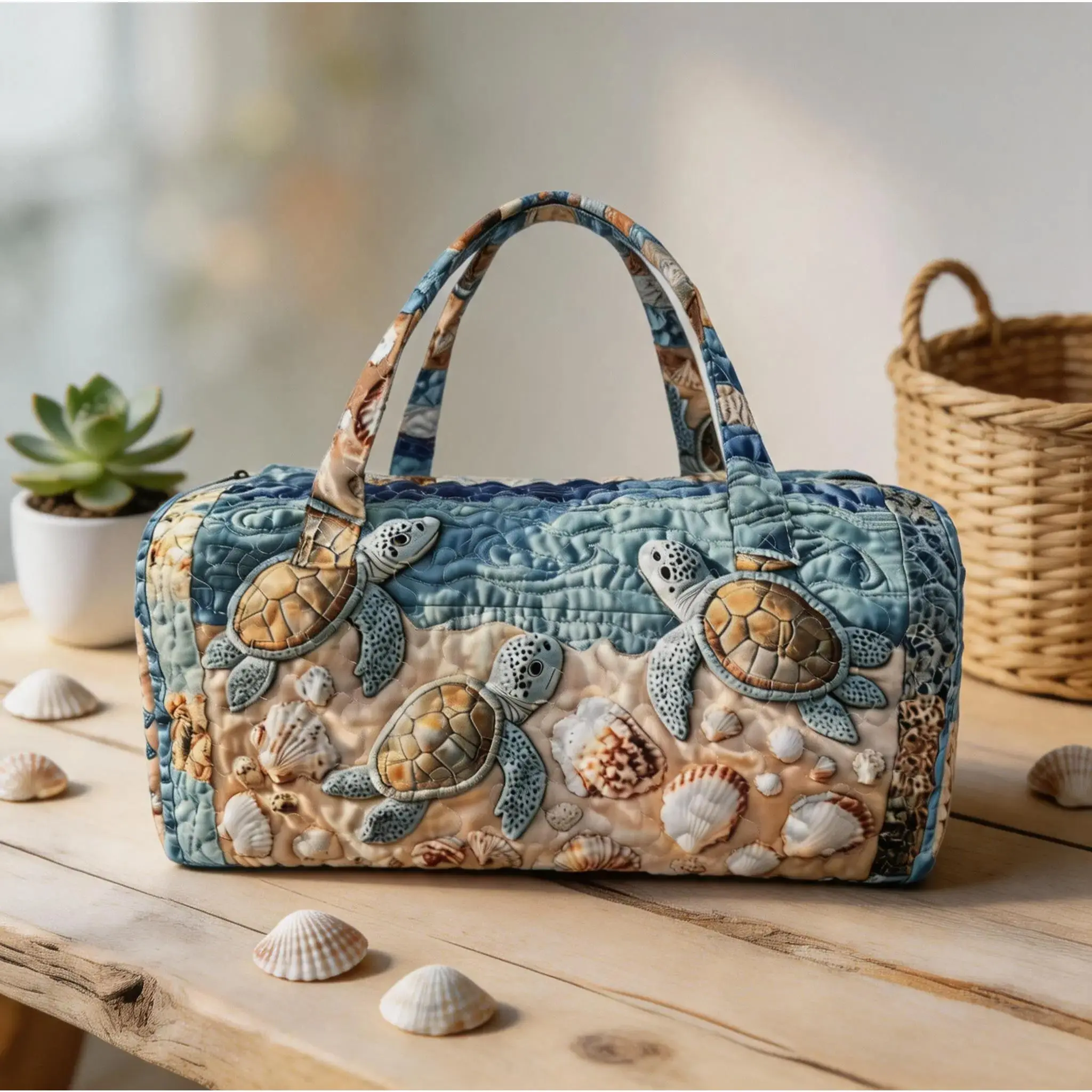 Quilted Turtle Shell Beach Tote Bag – Oversized Ocean-Inspired Travel Duffel, Large Capacity Summer Vacation Hand-Held Sports Fitness Weekender, Cute Casual Luggage