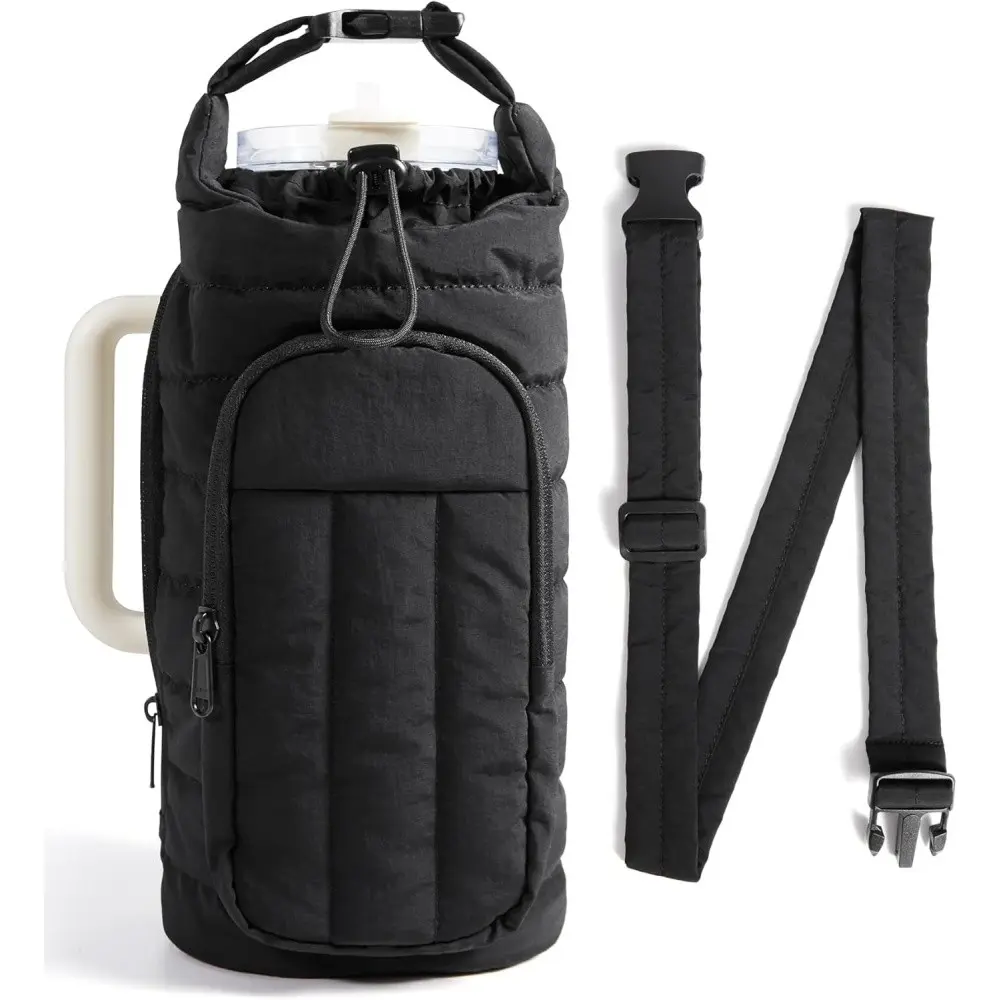 Water Bottle Insulated Sleeve, 40oz with Strap, Quilted Crossbody Wallet, Waterproof Portable Travel Cup Holder, Adjustable Shoulder Strap, Multiple Pockets