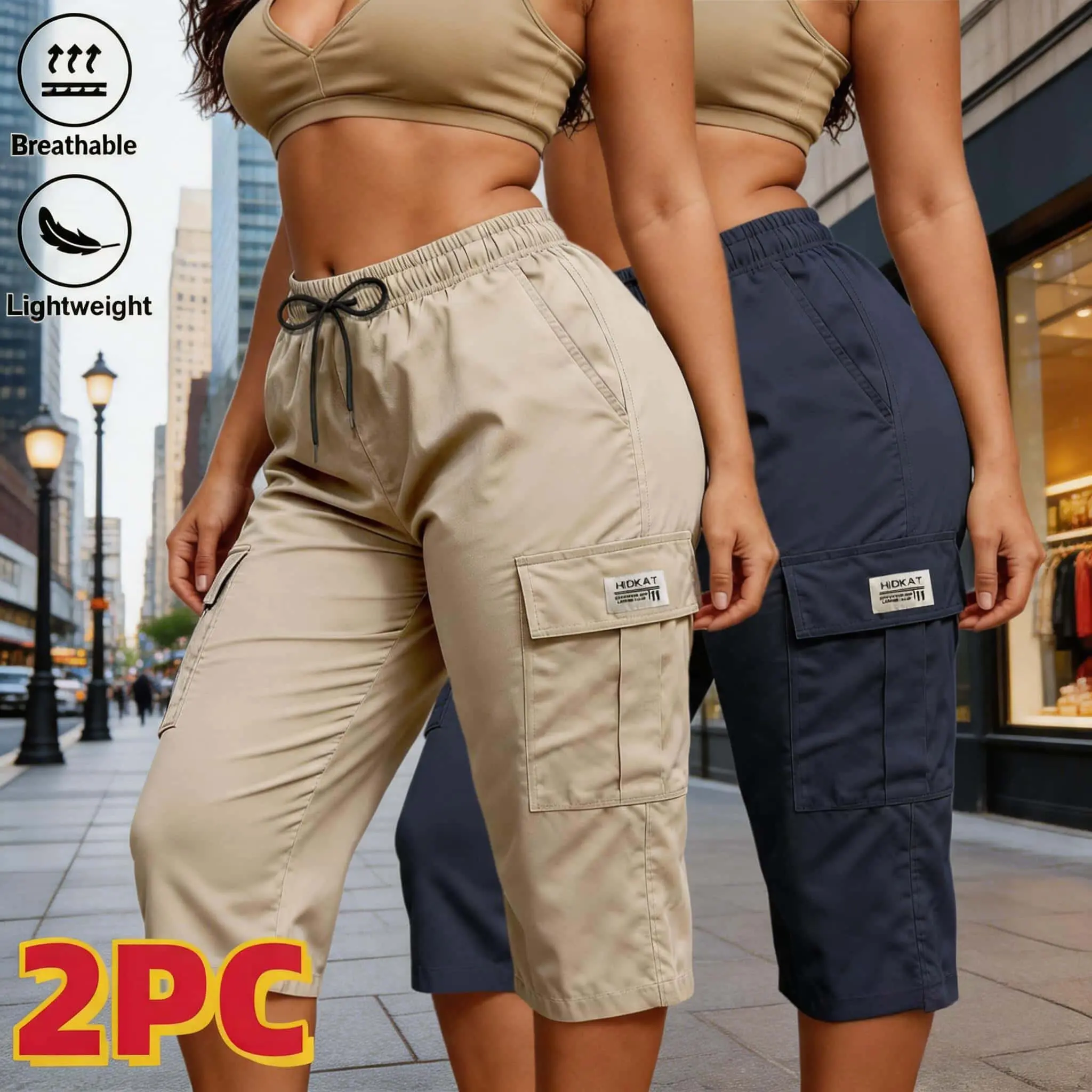 Women's 2-Piece Solid Cargo Capri Set, Loose Casual Summer Activewear with Drawstring Waist and Flap Pockets, Sportswear, 2 Pcs Set, Capri Length, Basic