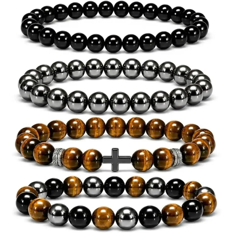 4 count Beaded Bracelets for Men, Tiger Eye Hematite Black Obsidian Triple Protection Bracelet Set, Mens  Bracelet, Pulseras Para Hombres  Gifts for Men